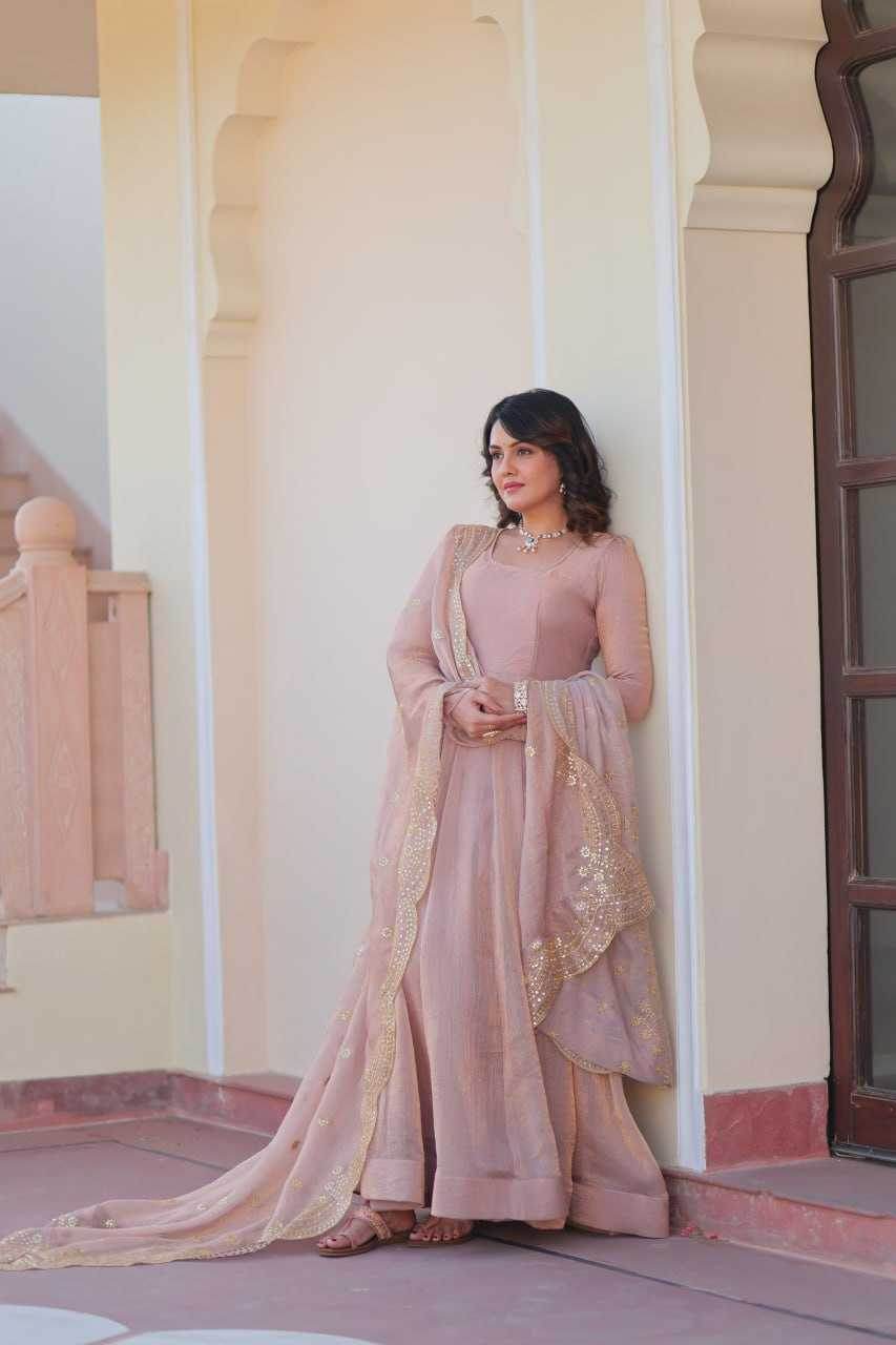 Chiffon Full Sleeve Gown With Dupatta - MYLUXURY LANE ENTERPRISE